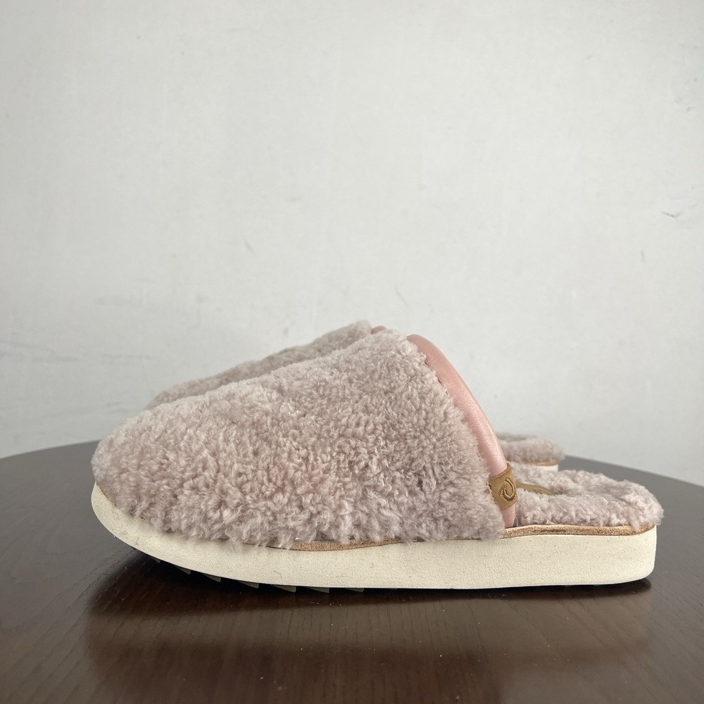 Olukai Pupu Mua Slipper Shoes Women's 7 Pink Leather Fur Sheep Lined Mule